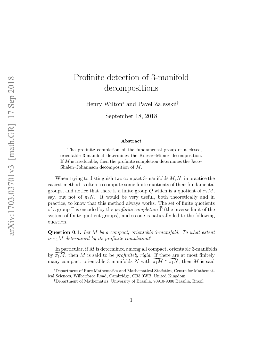 Profinite Detection of 3-Manifold Decompositions