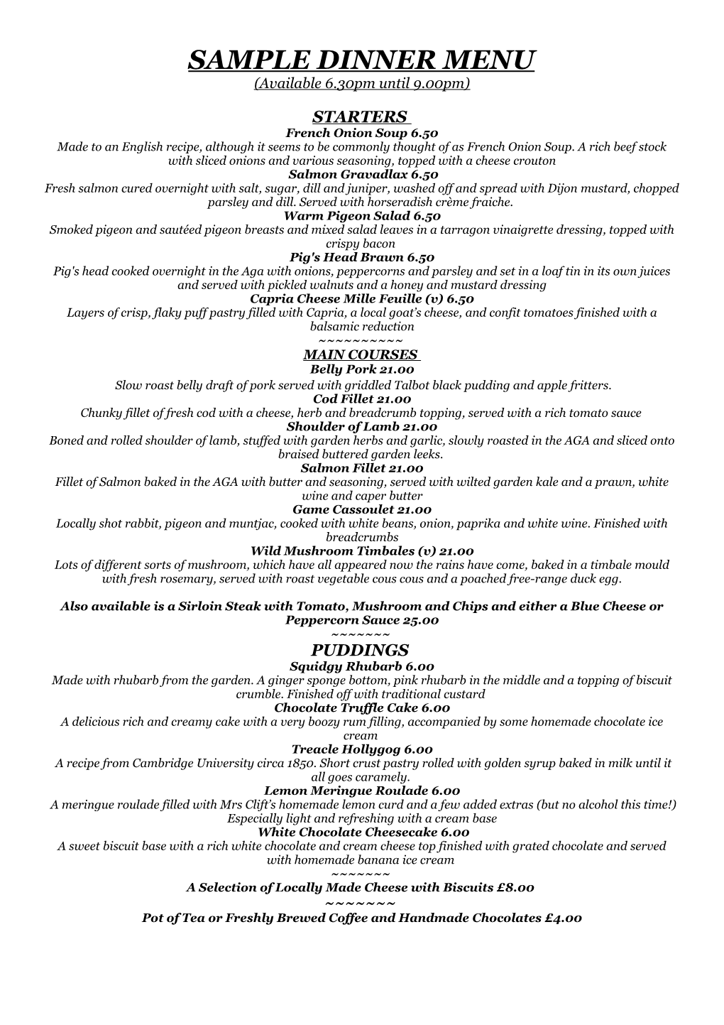 Sample Dinner Menu