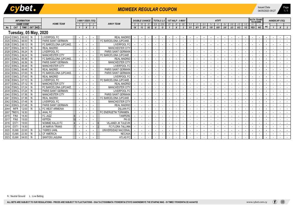 Midweek Regular Coupon 04/05/2020 09:27 1 / 1