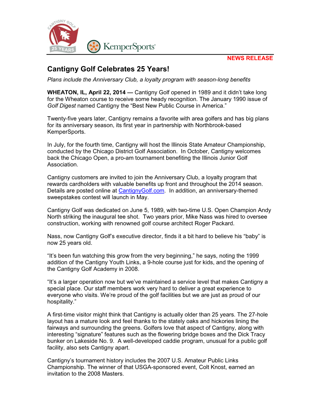 Cantigny Golf Celebrates 25 Years! Plans Include the Anniversary Club, a Loyalty Program with Season-Long Benefits