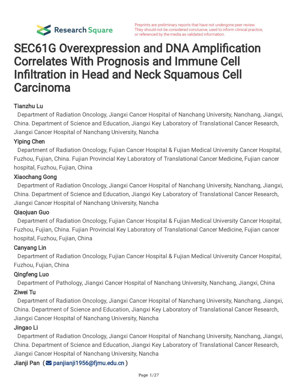 SEC61G Overexpression and DNA Ampli Cation Correlates with Prognosis and Immune Cell in Ltration in Head and Neck Squamous Cell