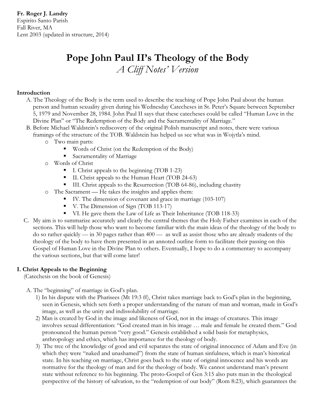 Summary of the Theology of the Body (TOB)