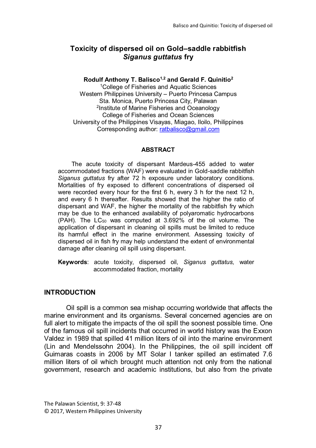 Toxicity of Dispersed Oil on Gold–Saddle Rabbitfish Siganus Guttatus Fry