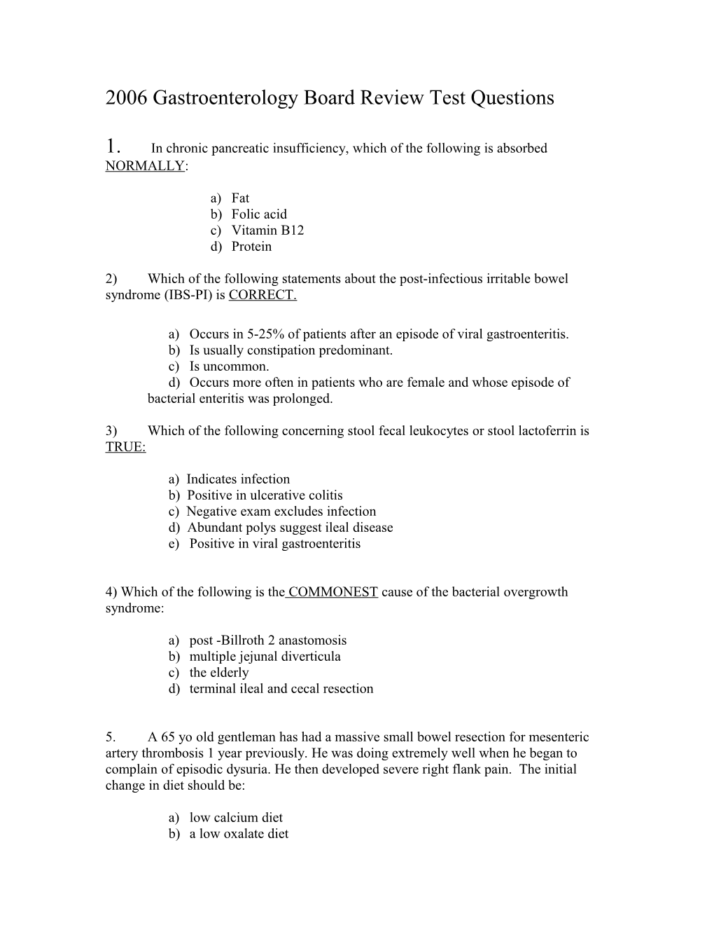 2006 Gastroenterology Board Review Test Questions