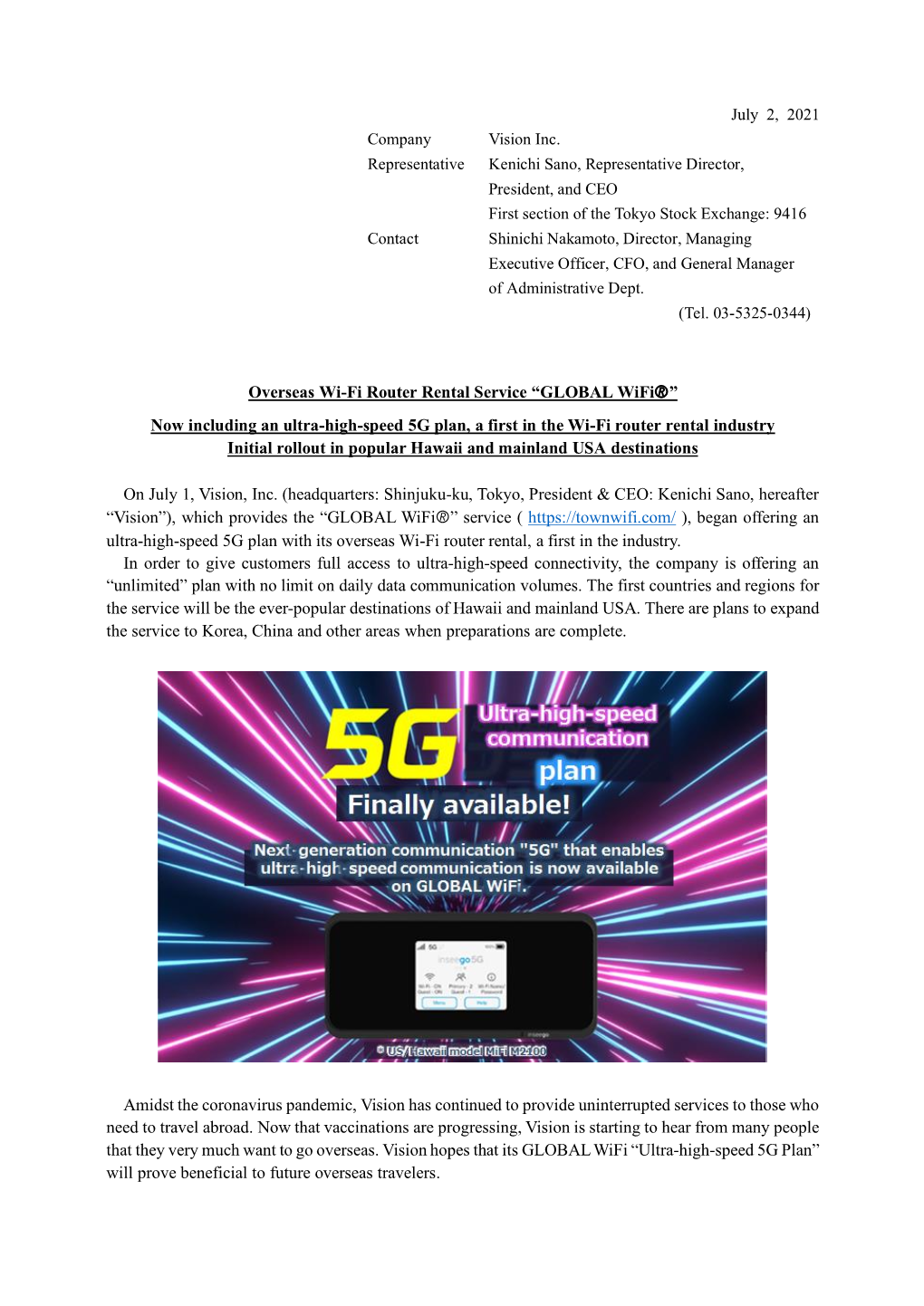 Now Including an Ultra-High-Speed 5G Plan, a First in the Wi-Fi Router Rental Industry Initial Rollout in Popular Hawaii and Mainland USA Destinations