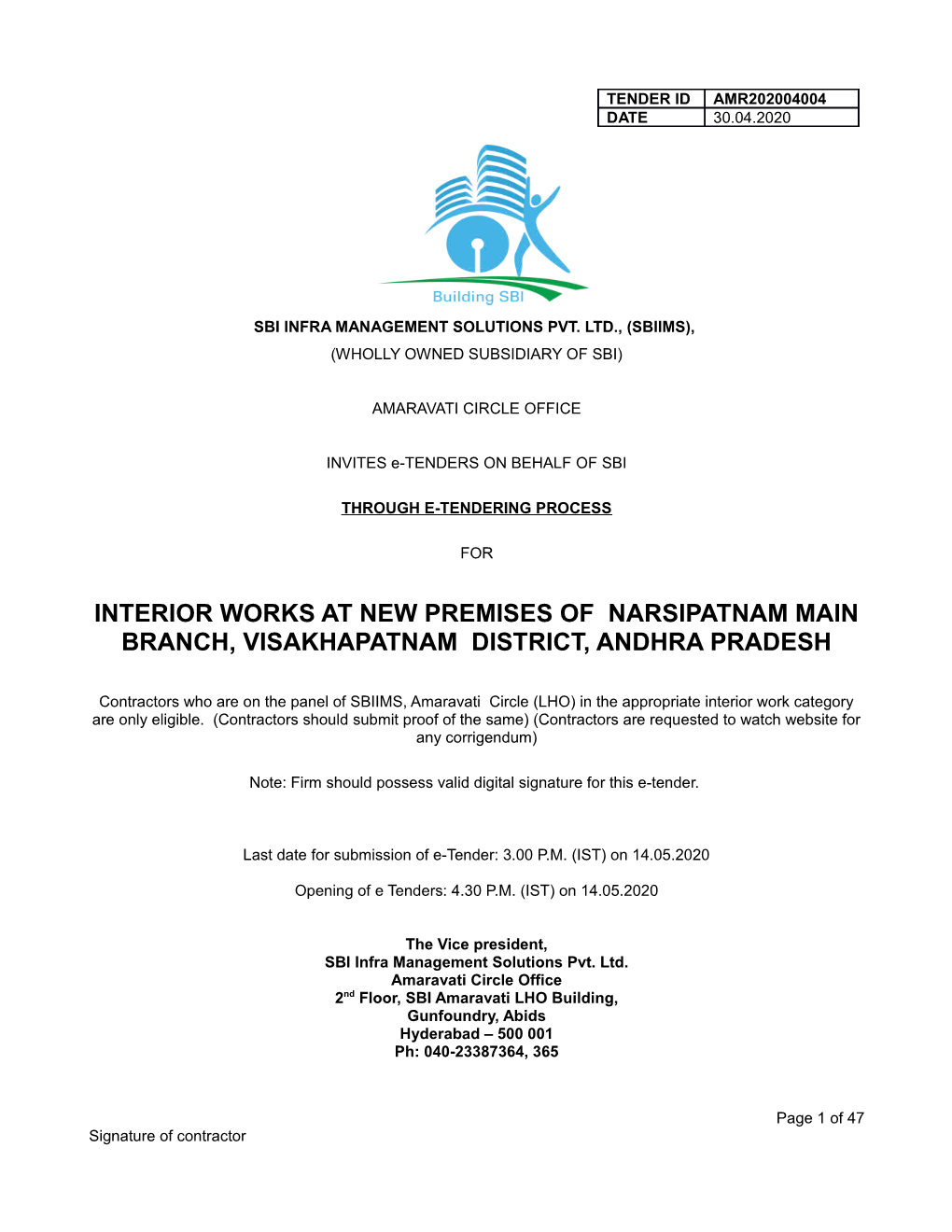 Interior Works at New Premises of Narsipatnam Main Branch, Visakhapatnam District, Andhra Pradesh