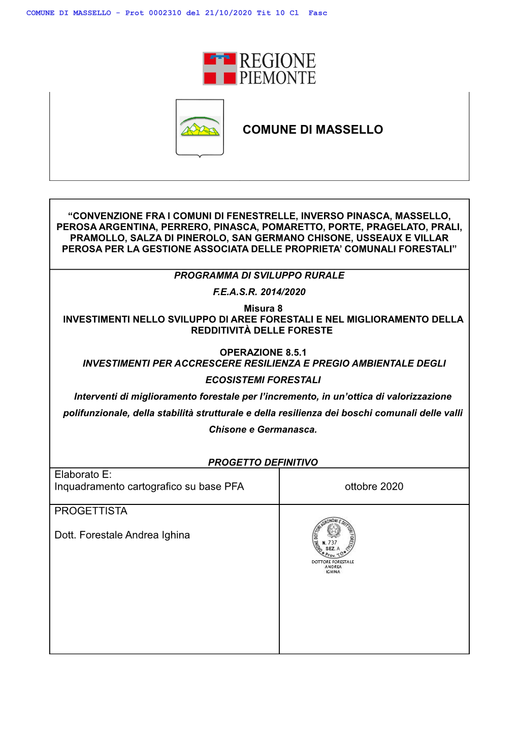 COMUNE DI MASSELLO - Prot 0002310 Del 21/10/2020 Tit 10 Cl Fasc