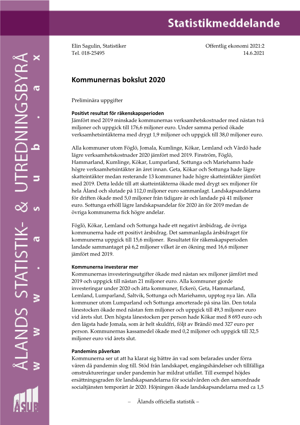 Kommunernas Bokslut 2020, Preliminära Uppgifter (PDF)