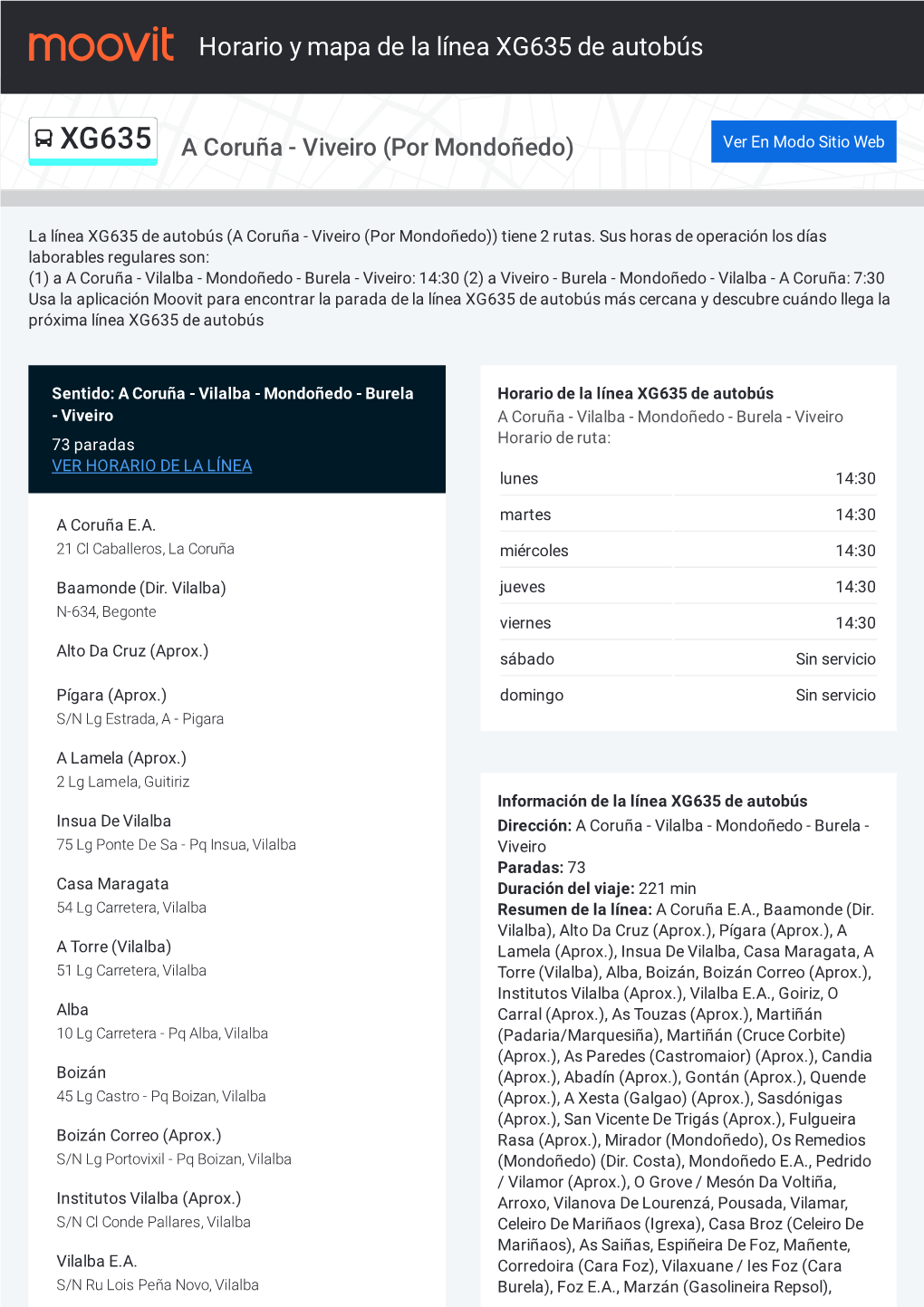 Horario Y Mapa De La Línea XG635 De Autobús