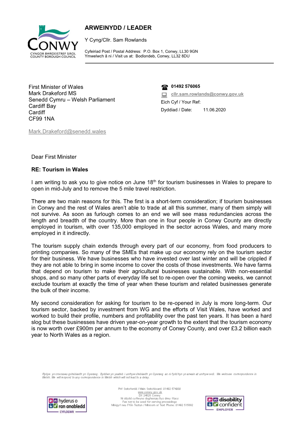 Letter to First Minister Tourism 110620