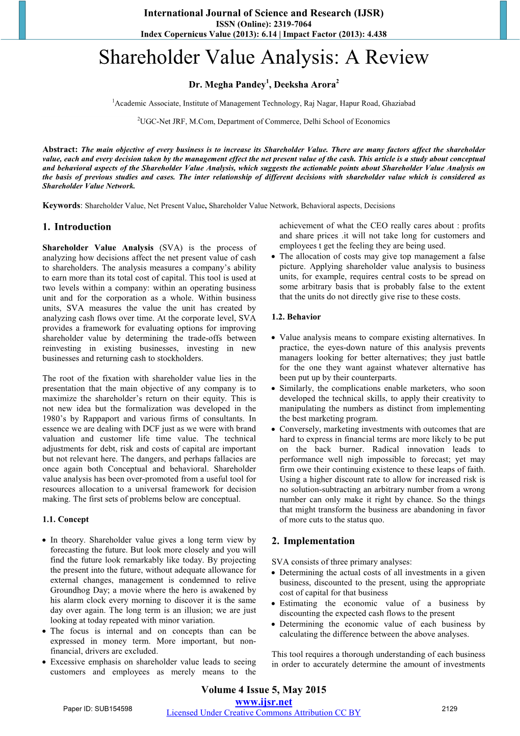 Shareholder Value Analysis: a Review