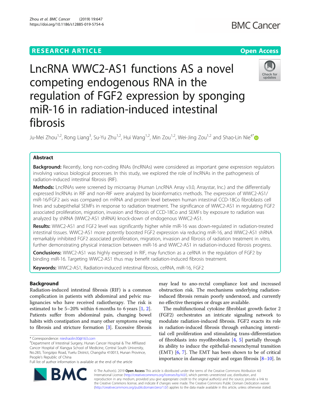 Lncrna WWC2-AS1 Functions AS a Novel Competing Endogenous RNA in the Regulation of FGF2 Expression by Sponging Mir-16 in Radiati
