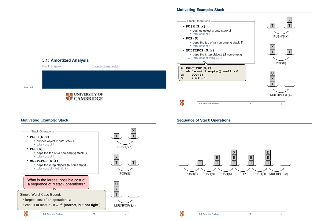 5.1: Amortized Analysis POP(S) Frank Stajano Thomas Sauerwald 0: MULTIPOP(S,K) 1: While Not S.Empty() and K > 0 2: POP(S) U 3: K = K - 1 X T Lent 2015