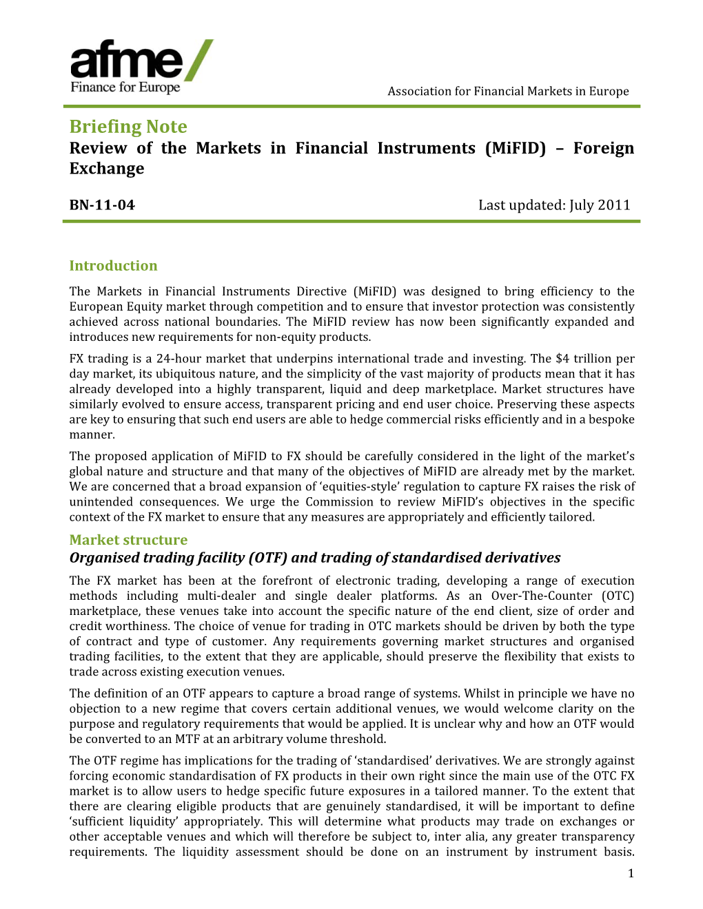 Briefing Note Review of the Markets in Financial Instruments (Mifid) – Foreign Exchange