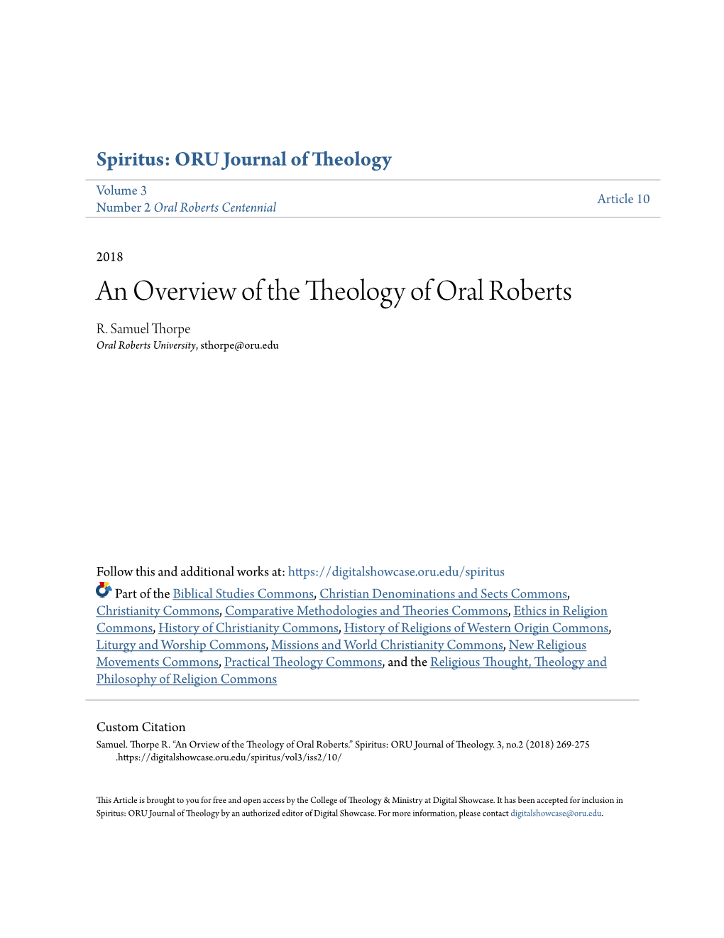 An Overview of the Theology of Oral Roberts R