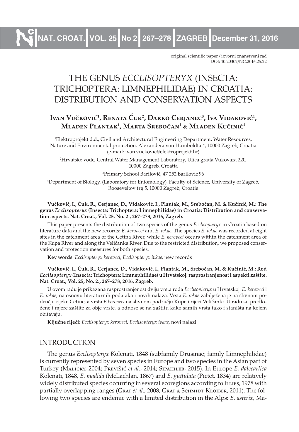 Insecta: Trichoptera: LIMNEPHILIDAE) in CROATIA: Distribution and CONSERVATION ASPECTS