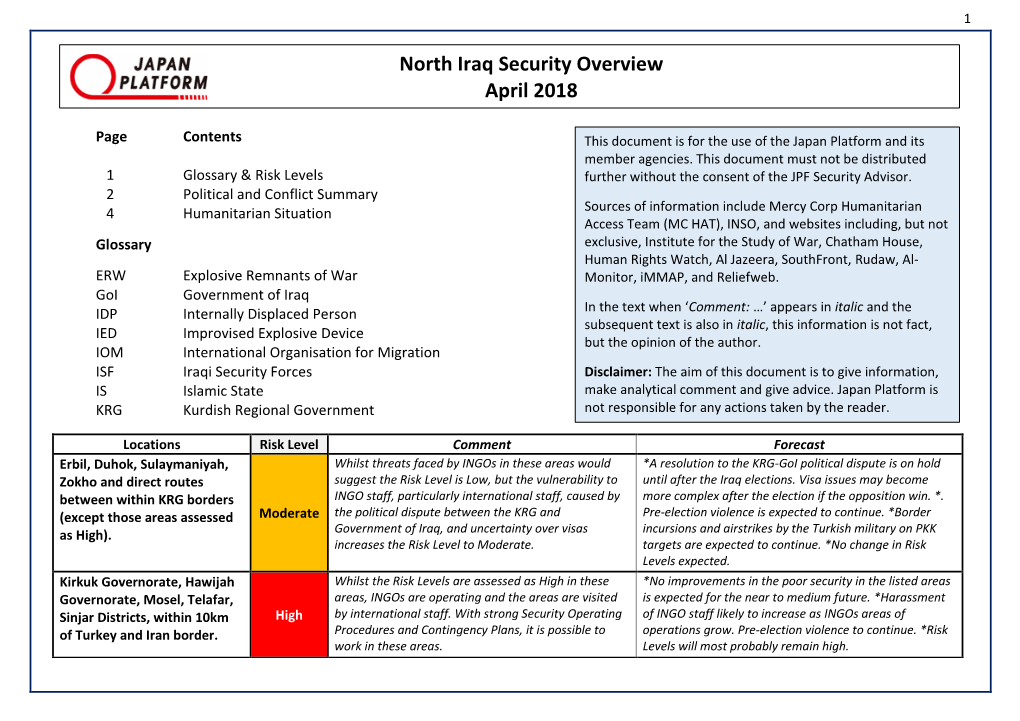 North Iraq Security Overview April 2018