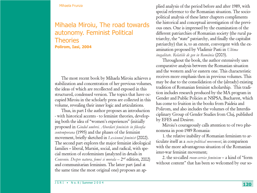 Mihaela Miroiu, the Road Towards Autonomy. Feminist Political Theories