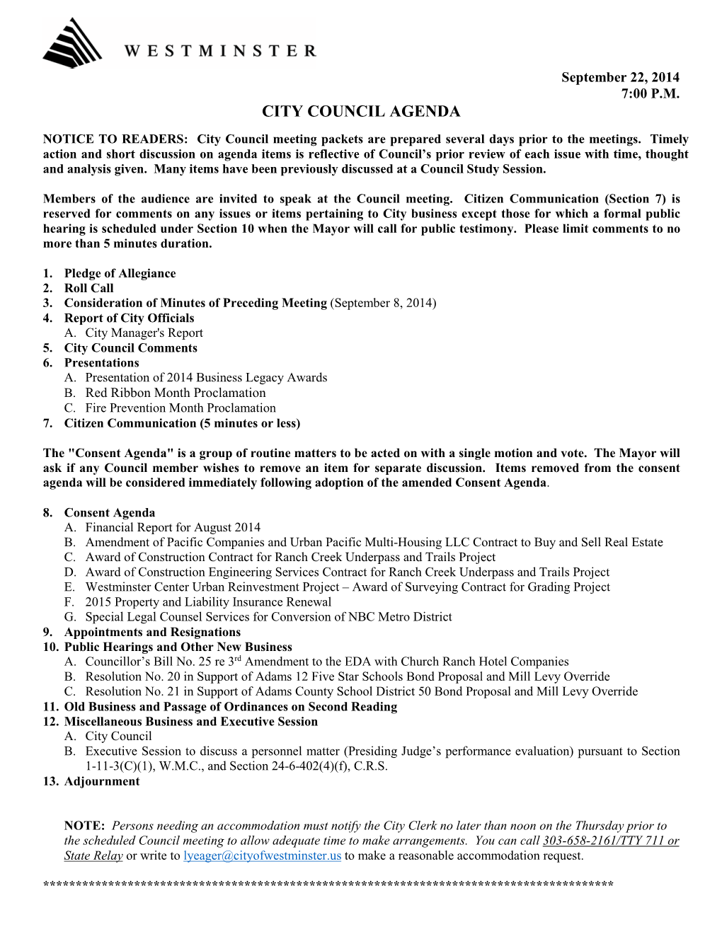 City Council Agenda for September 22, 2014