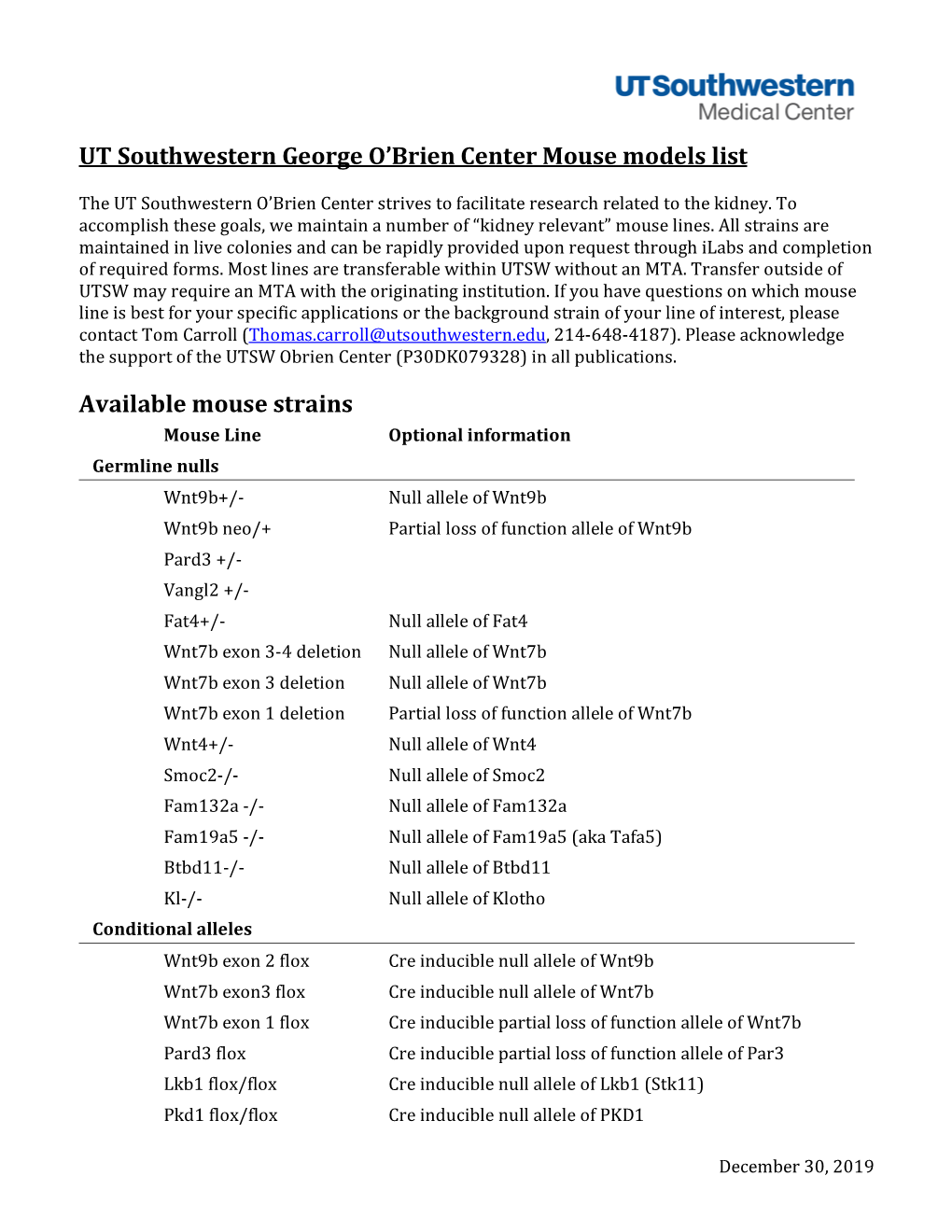 UT Southwestern George O'brien Center Mouse Models List Available