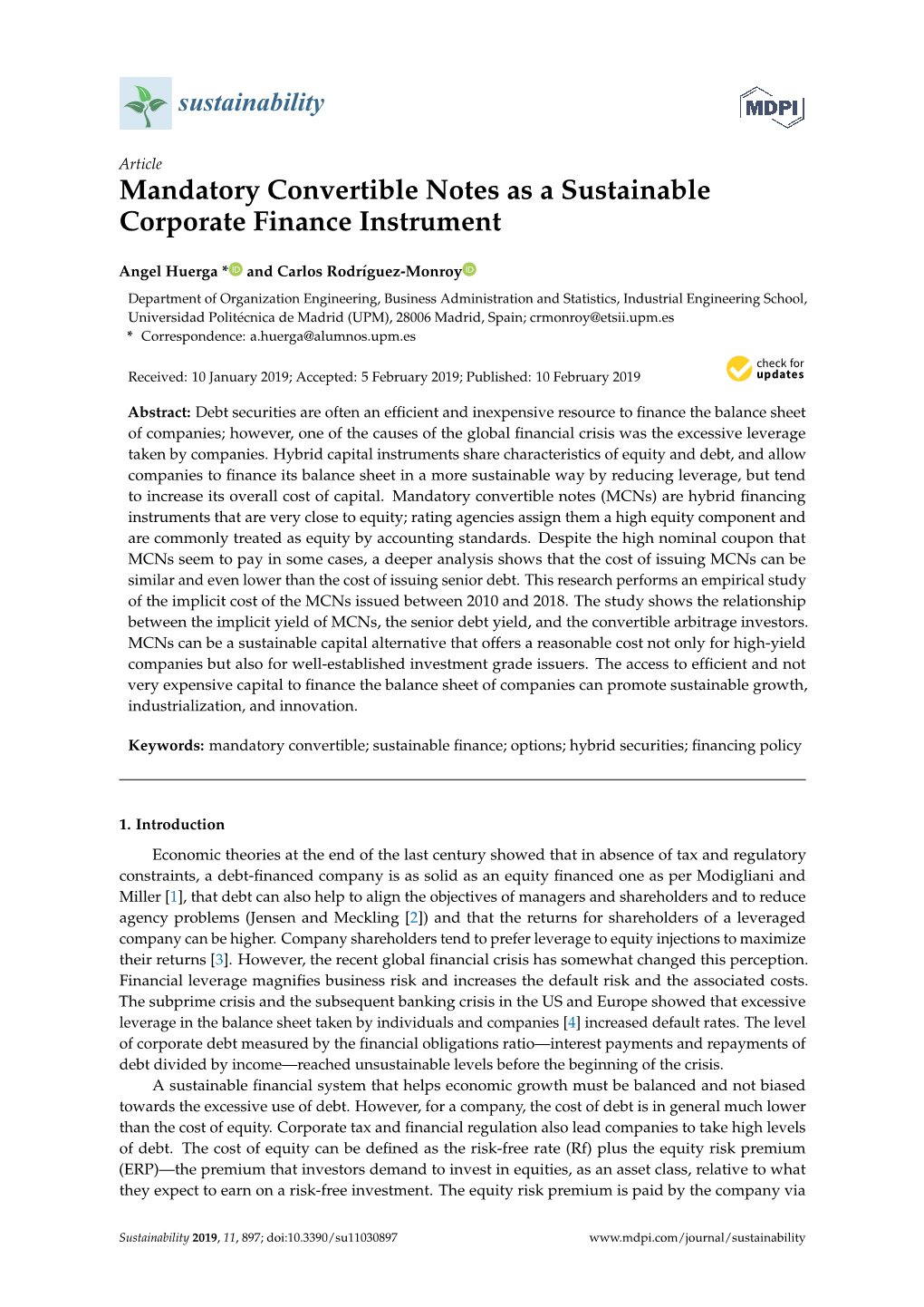 Mandatory Convertible Notes As a Sustainable Corporate Finance Instrument