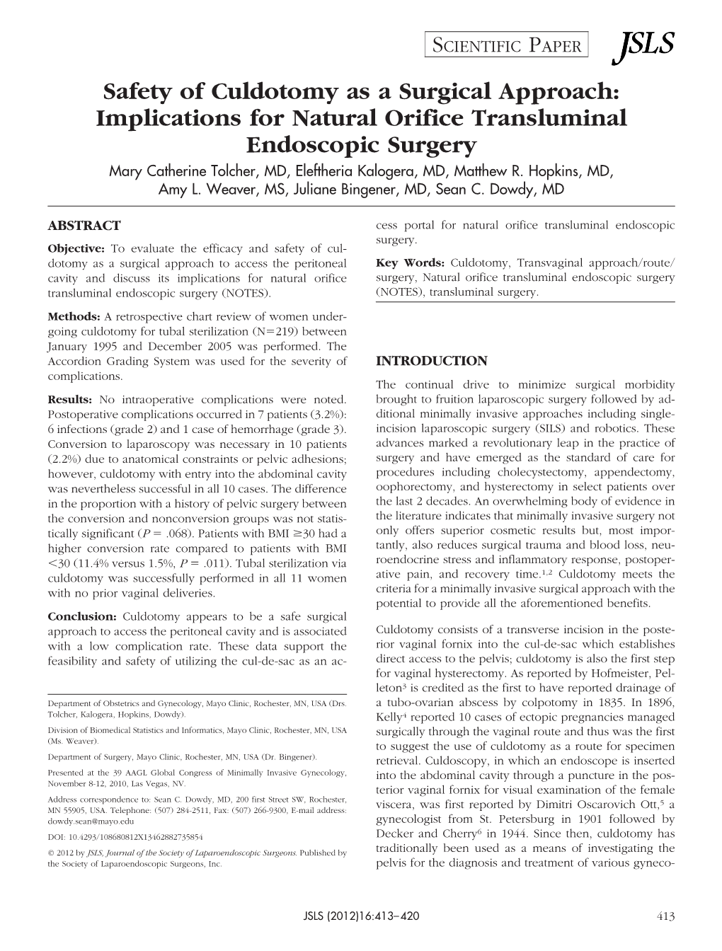 Safety of Culdotomy As a Surgical Approach: Implications for Natural Orifice Transluminal Endoscopic Surgery