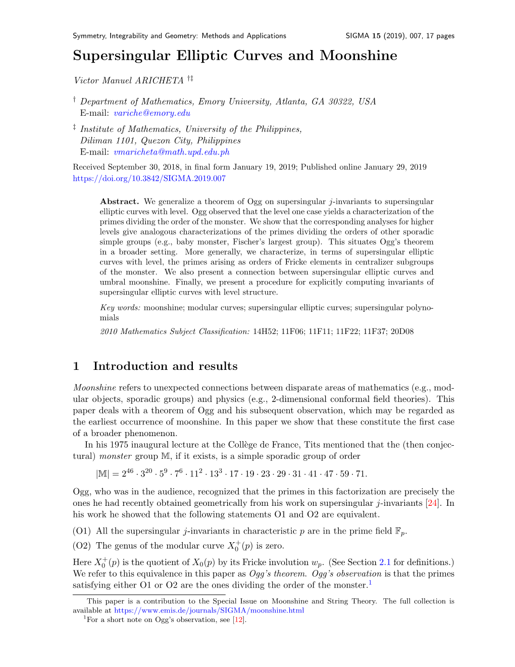 Supersingular Elliptic Curves and Moonshine