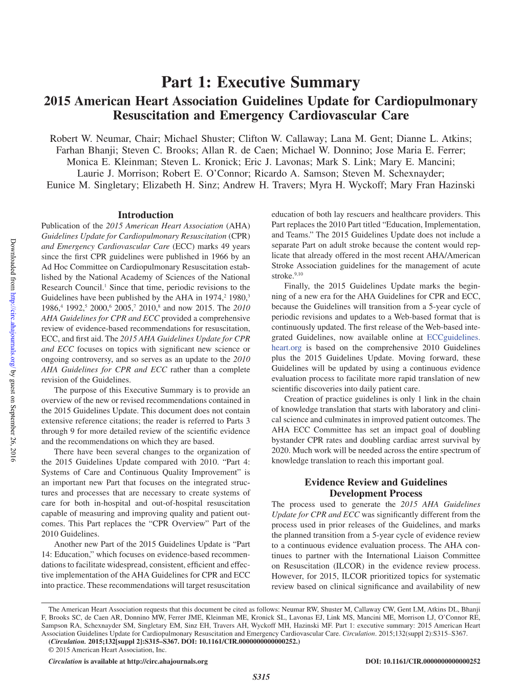 Part 1: Executive Summary 2015 American Heart Association Guidelines Update for Cardiopulmonary Resuscitation and Emergency Cardiovascular Care