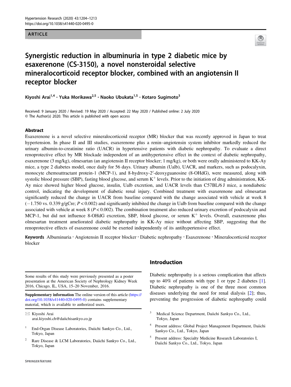 Synergistic Reduction in Albuminuria in Type 2 Diabetic Mice by Esaxerenone