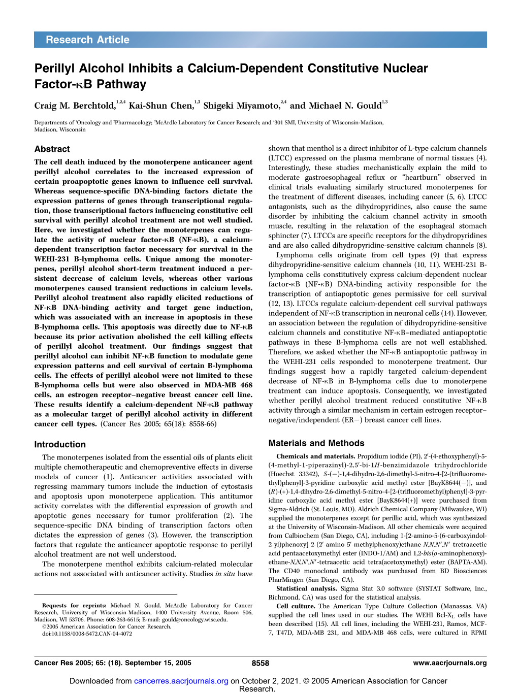 Perillyl Alcohol Inhibits a Calcium-Dependent Constitutive Nuclear Factor-KB Pathway