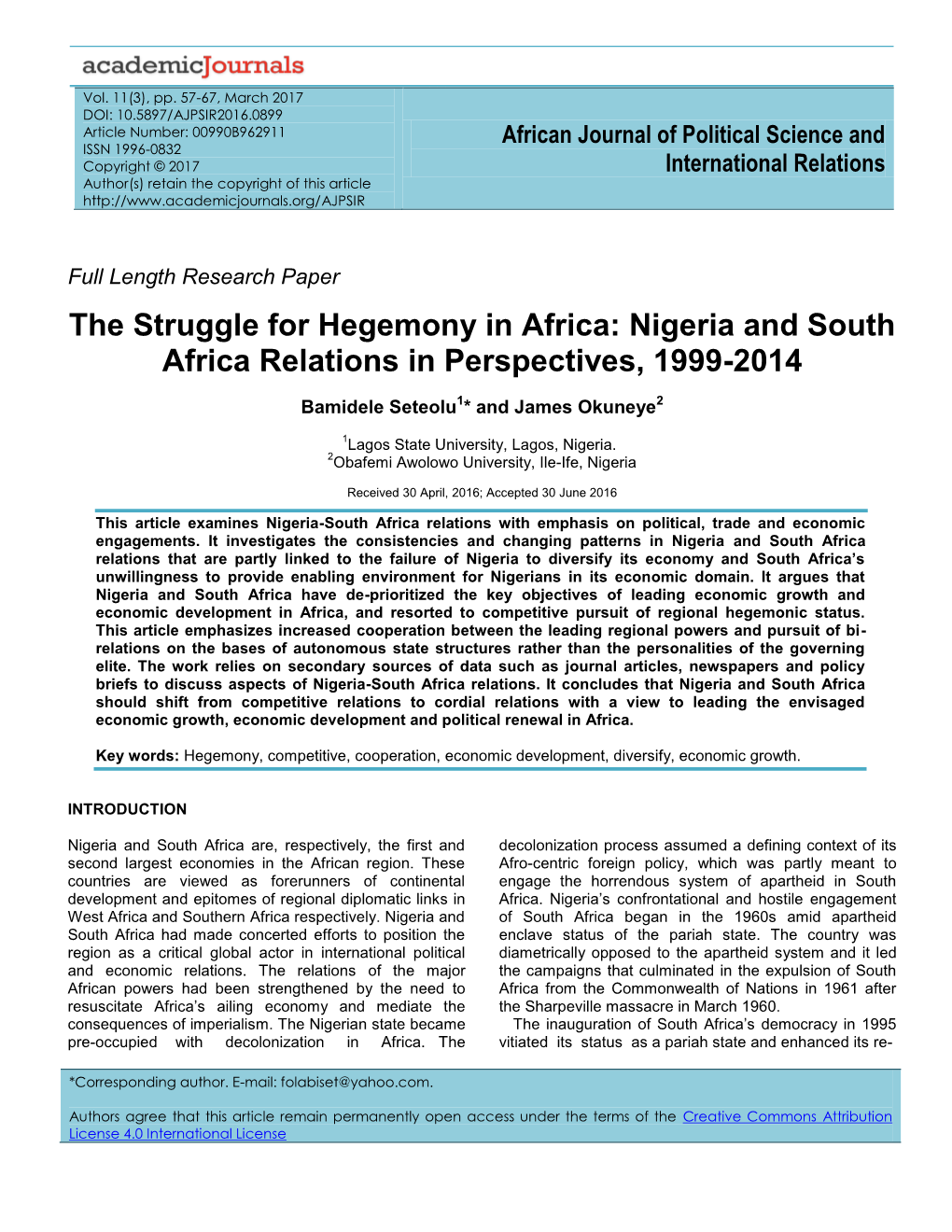 Nigeria and South Africa Relations in Perspectives, 1999-2014