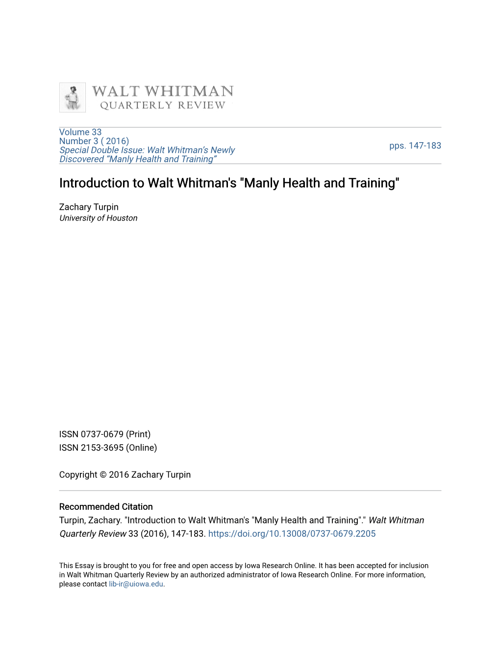 Introduction to Walt Whitman's "Manly Health and Training"