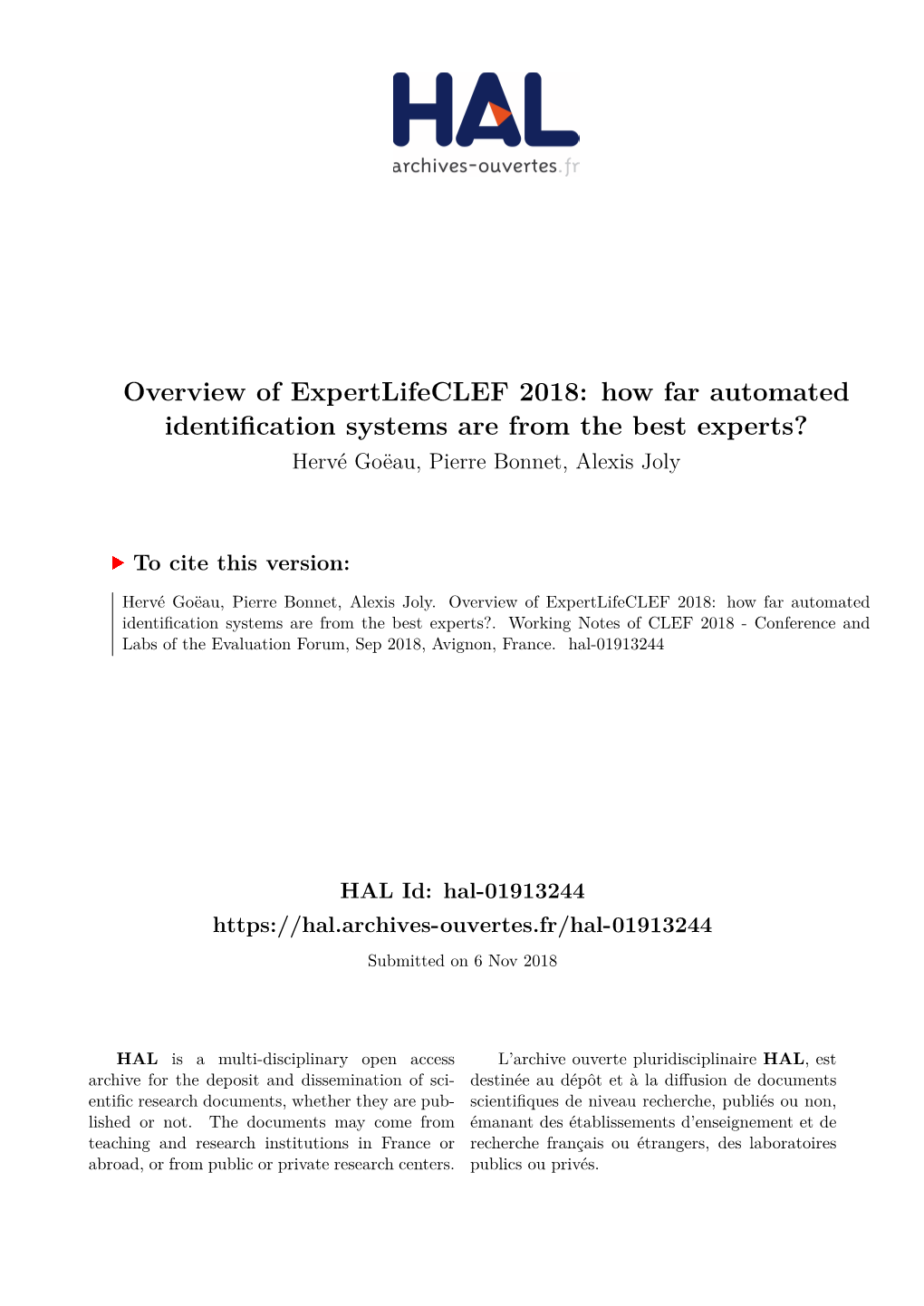 How Far Automated Identification Systems Are from the Best Experts? Hervé Goëau, Pierre Bonnet, Alexis Joly