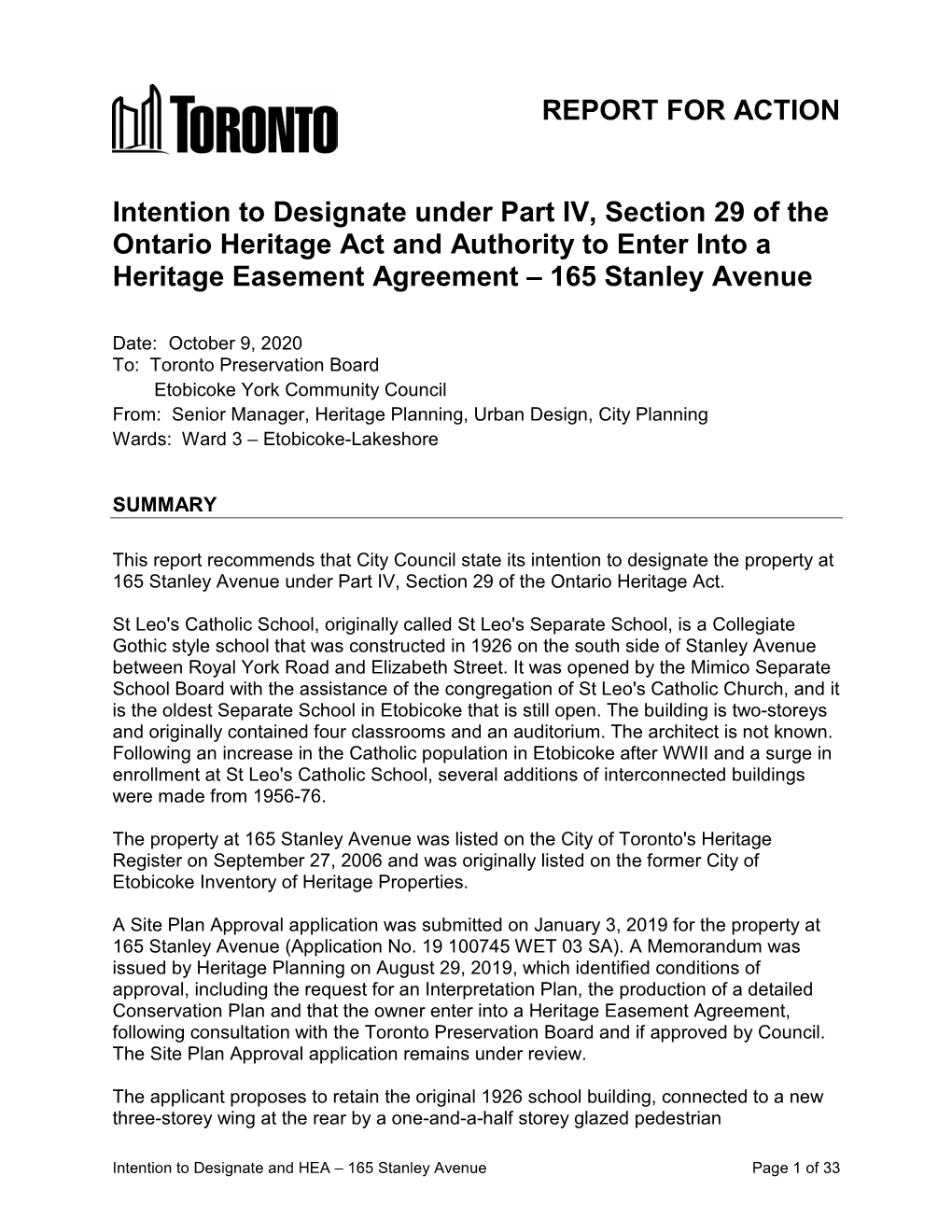 Intention to Designate Under Part IV, Section 29 of the Ontario Heritage Act and Authority to Enter Into a Heritage Easement Agreement – 165 Stanley Avenue