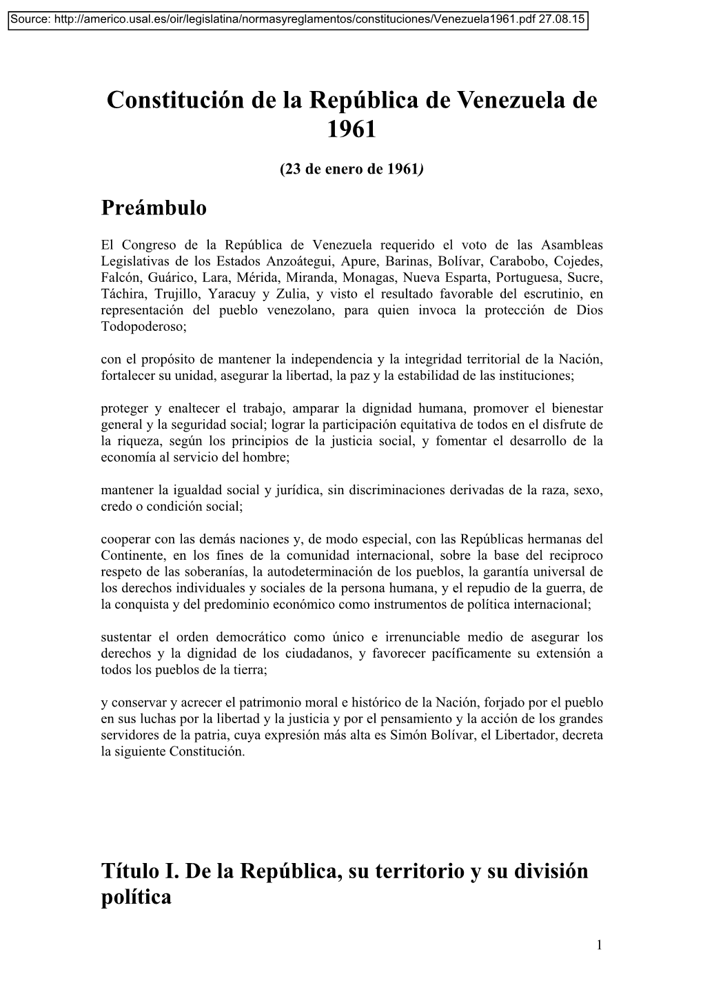 Constitución De La República De Venezuela De 1961