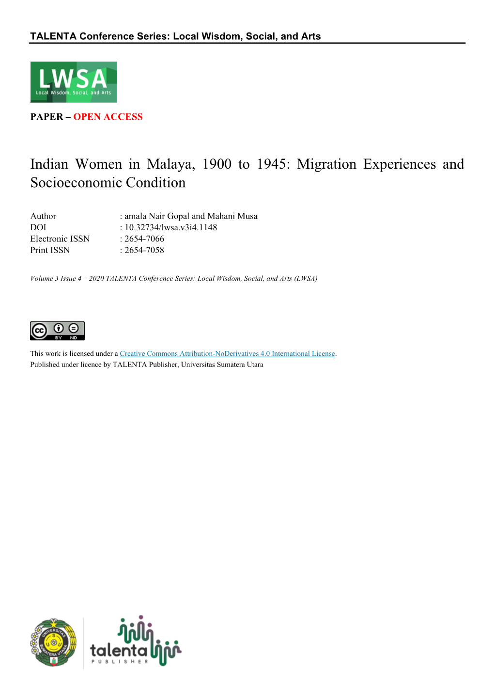 Indian Women in Malaya, 1900 to 1945: Migration Experiences and Socioeconomic Condition