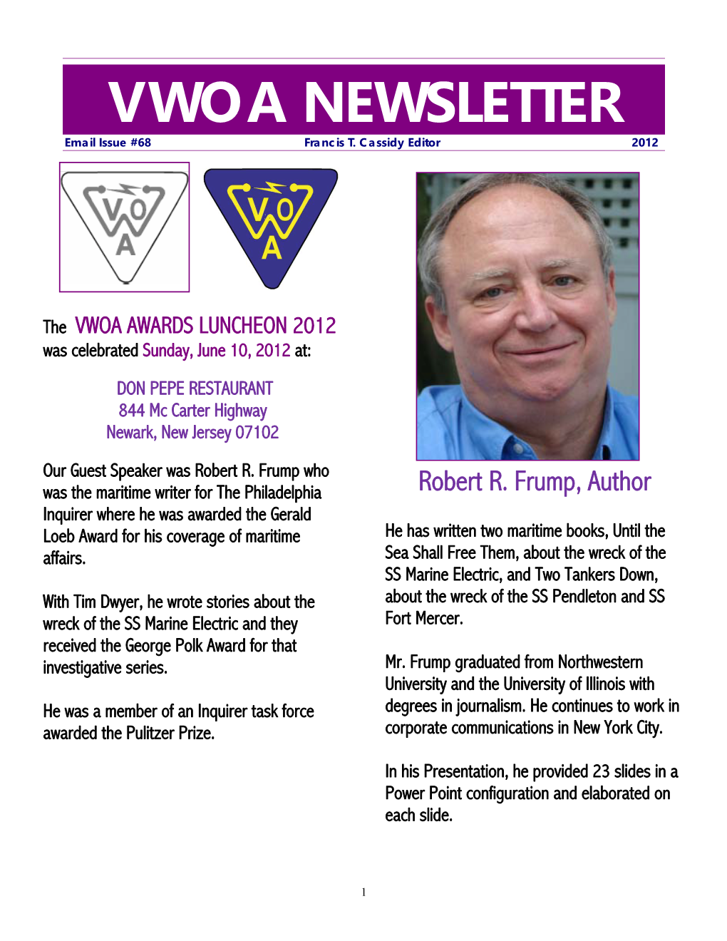 VWOA NEWSLETTER Email Issue #68 Francis T