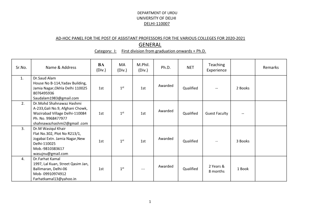 GENERAL Category: I: First Division from Graduation Onwards + Ph.D