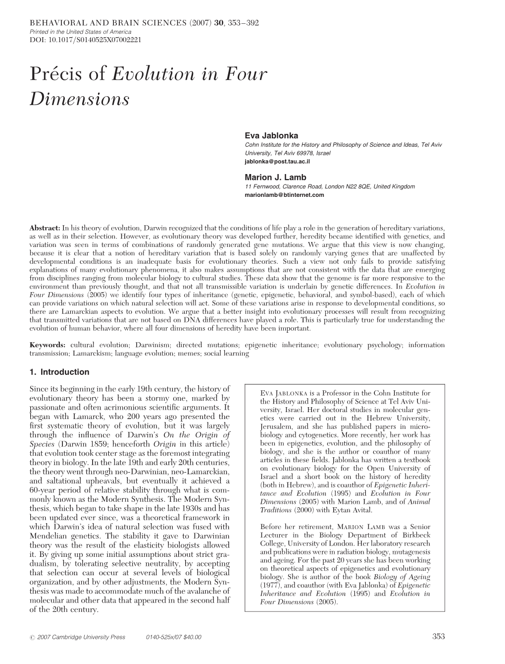 Précis of Evolution in Four Dimensions