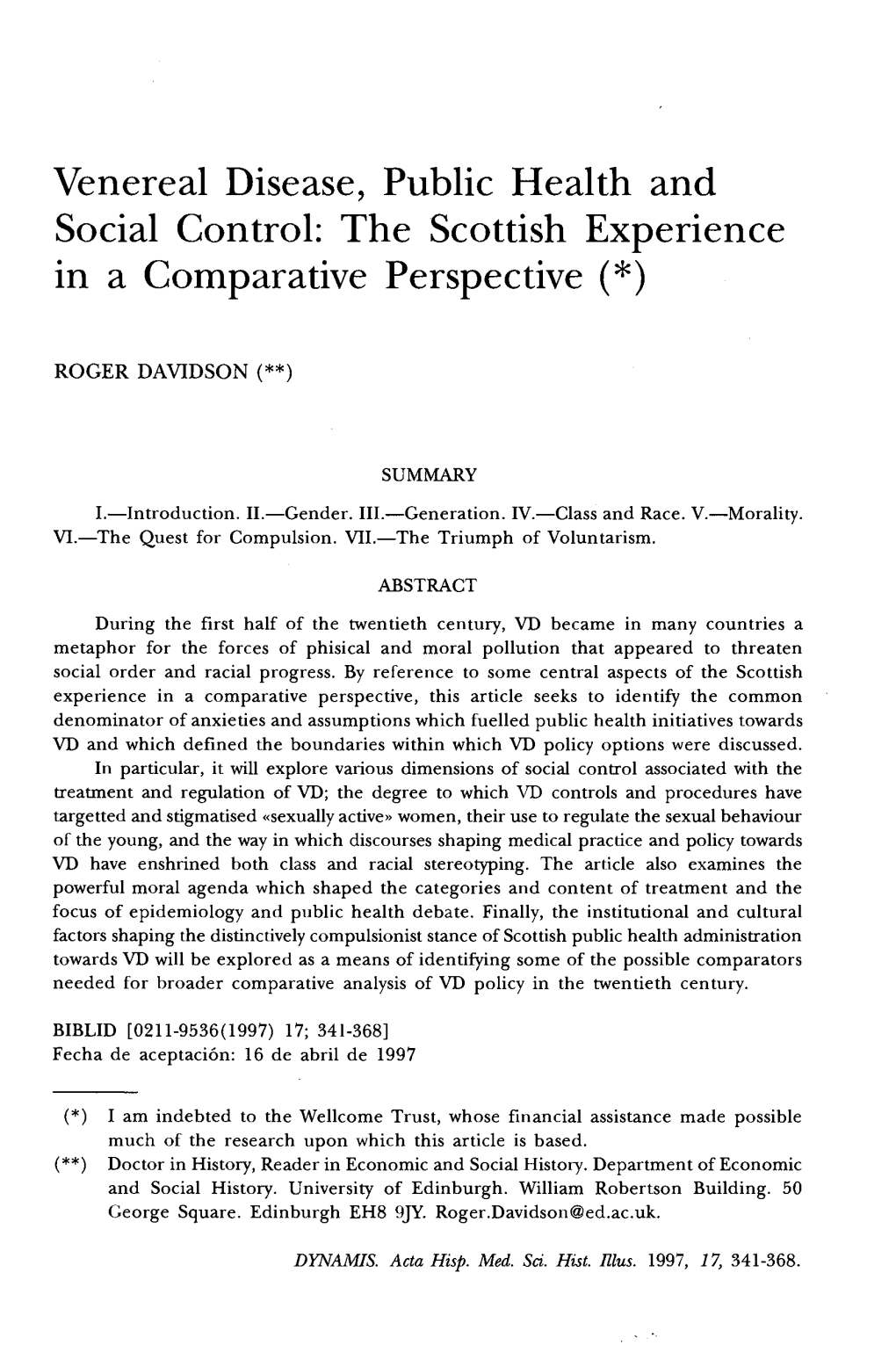 Venereal Disease, Public Health and Social Control: the Scottish Experience in a Comparative Perspective (*)