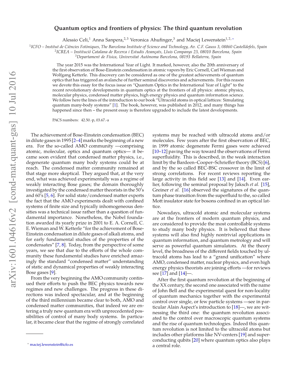 Quantum Optics and Frontiers of Physics: the Third Quantum Revolution