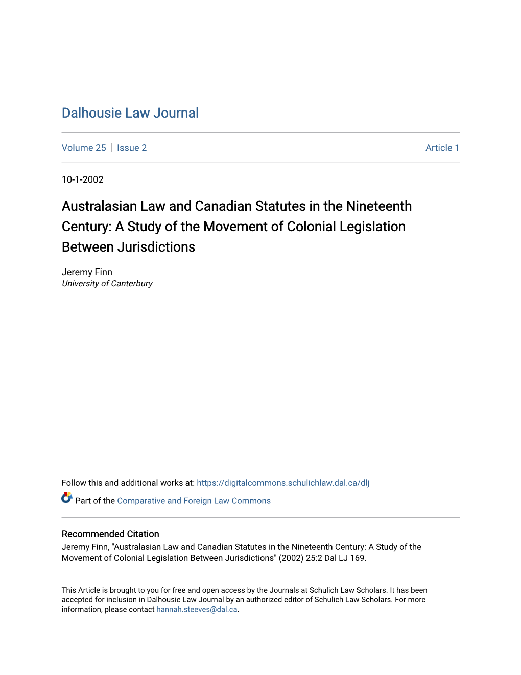 Australasian Law and Canadian Statutes in the Nineteenth Century: a Study of the Movement of Colonial Legislation Between Jurisdictions