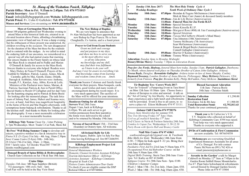 11Th June 2017: the Most Holy Trinity Cycle a  Weekday Readings: Tenth Week of Ordinary Time Cycle 1 Parish Office: Mon to Fri