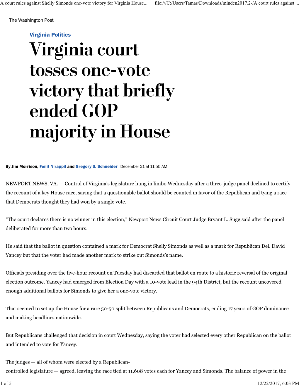 Control of Virginia's Legislature Hung in Limbo Wednesday After A