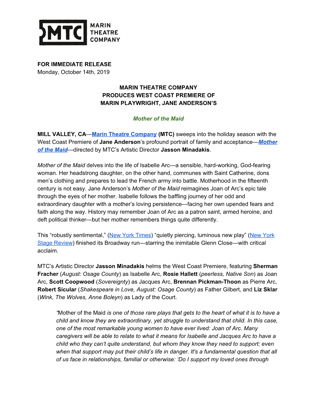 Mother of the Maid Press Release Marin Theatre Company