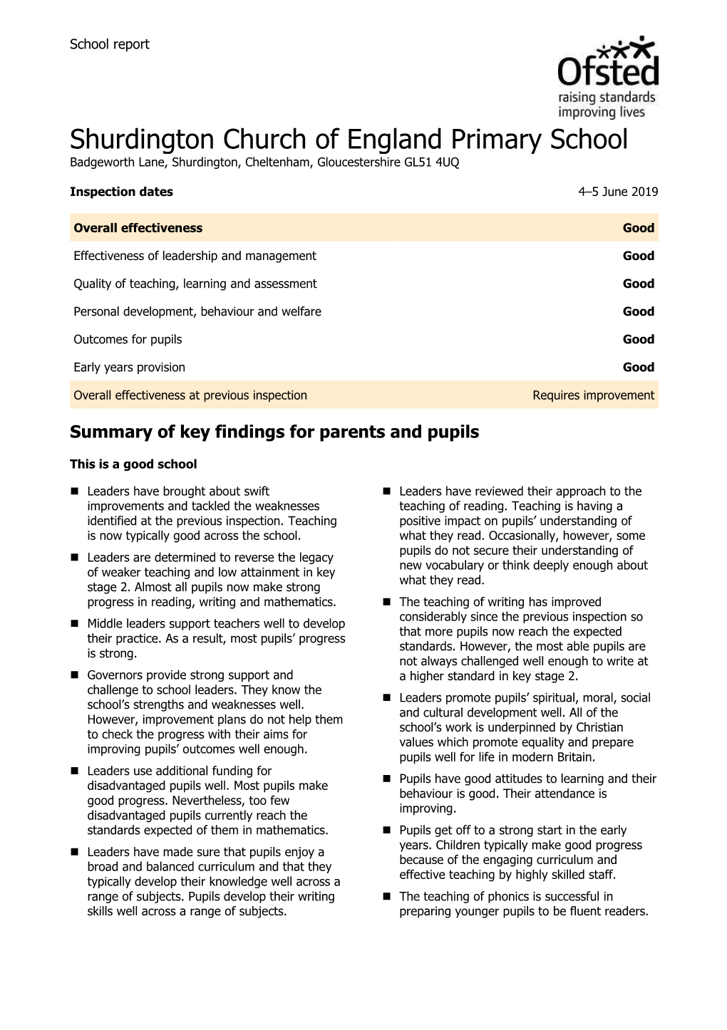 Shurdington Church of England Primary School Badgeworth Lane, Shurdington, Cheltenham, Gloucestershire GL51 4UQ