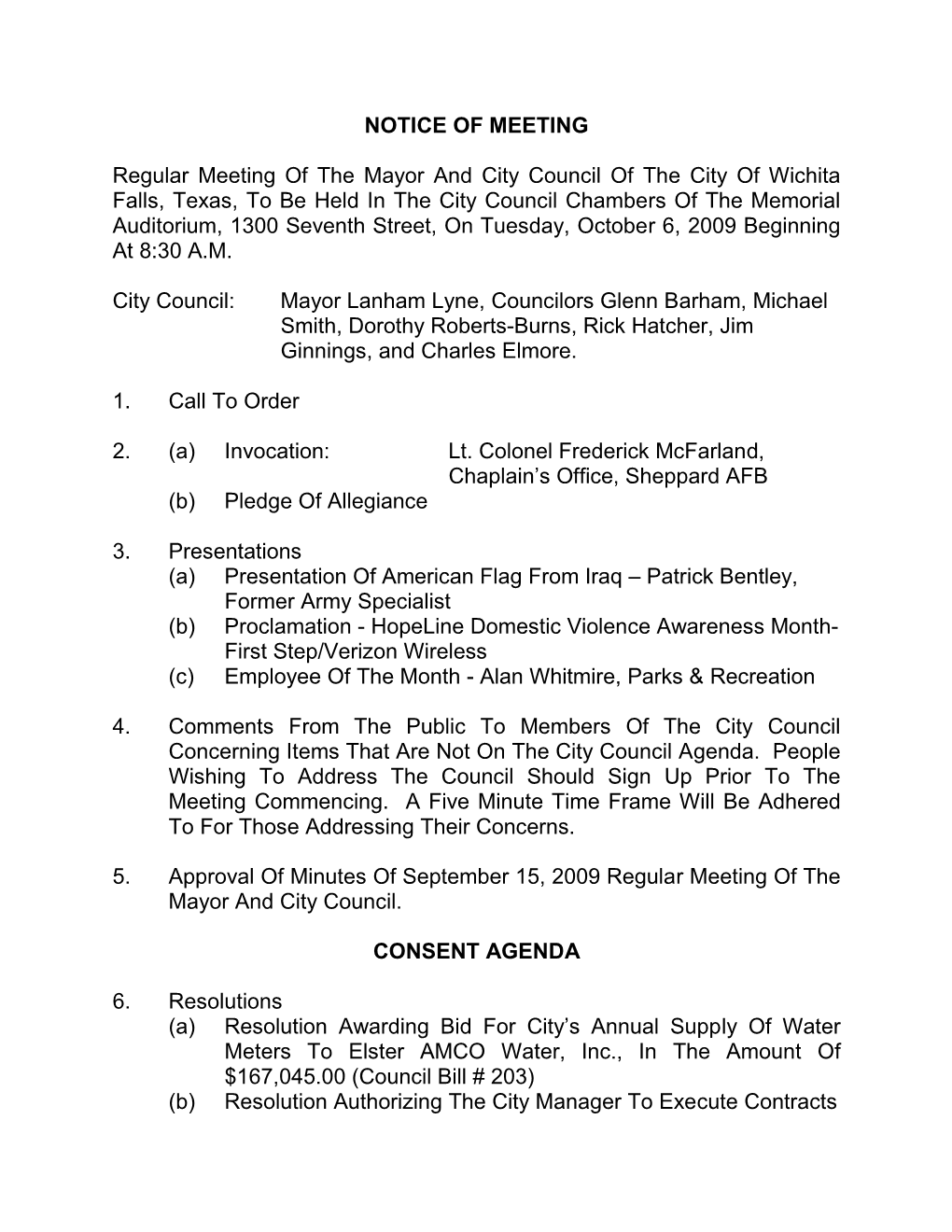 NOTICE of MEETING Regular Meeting of the Mayor and City