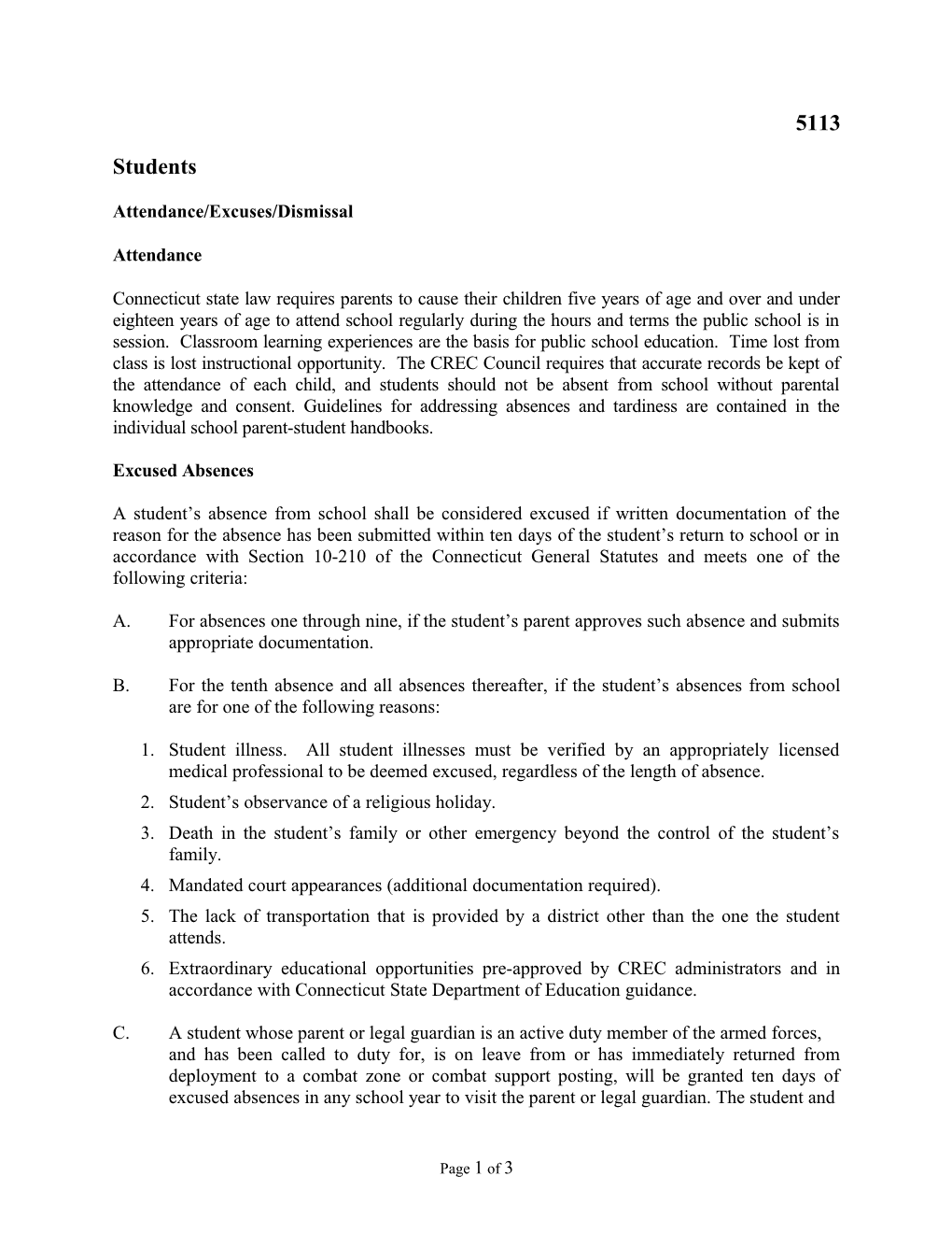 Attendance/Excuses/Dismissal