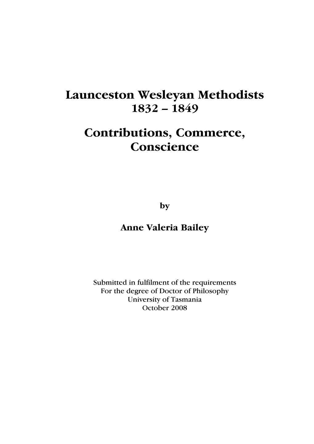 Launceston Wesleyan Methodists Contributions