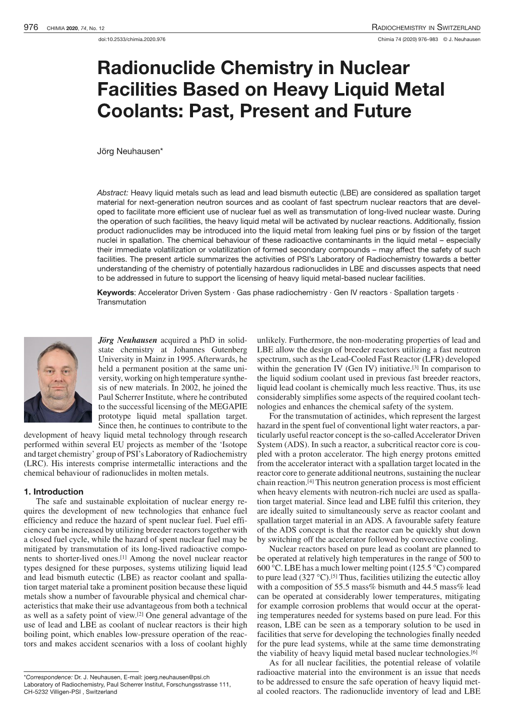 Radionuclide Chemistry in Nuclear Facilities Based on Heavy Liquid Metal Coolants: Past, Present and Future
